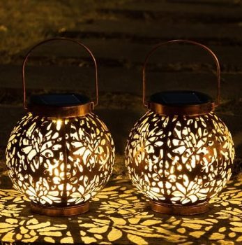 JOIEDOMI 2 Pack Outdoor Solar Hanging Lantern Lights, Waterproof Tabletop with Handle, LED Moroccan Lanterns, Metal Decorative Garden Solar Lights for Patio, Lawn, Porch, Backyard