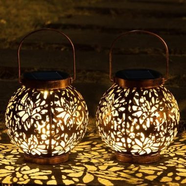 JOIEDOMI 2 Pack Outdoor Solar Hanging Lantern Lights, Waterproof Tabletop with Handle, LED Moroccan Lanterns, Metal Decorative Garden Solar Lights for Patio, Lawn, Porch, Backyard