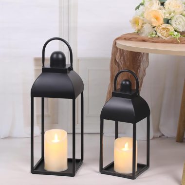 Lanterns Decorative Outdoor Indoor, Black Metal Outdoor Lanterns, 17” 13” Set of 2 Modern Farmhouse Candle Lantern Halloween Lanterns Centerpieces for Home, Wedding, Patio, Porch, Mantel